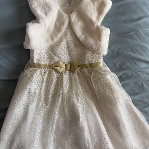 Jona Michelle Ivory Sequin Tulle Dress with Gold Bow
